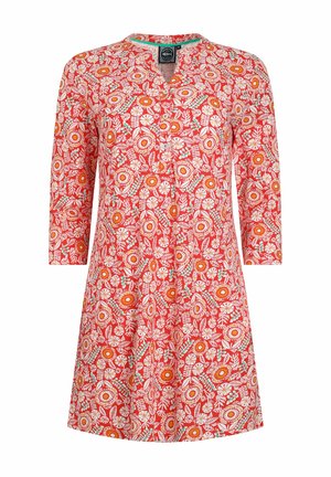 Red floral-printed dress with a v-neck, three-quarter sleeves, and loose fit. Features a mix of orange flowers and green leaves on a white background.