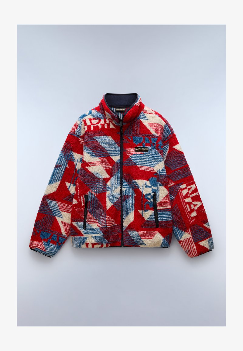 Chaqueta de forro polar roja, azul y crema con patrones geométricos, cuello alto, cremallera frontal completa y dos bolsillos laterales con cremallera.