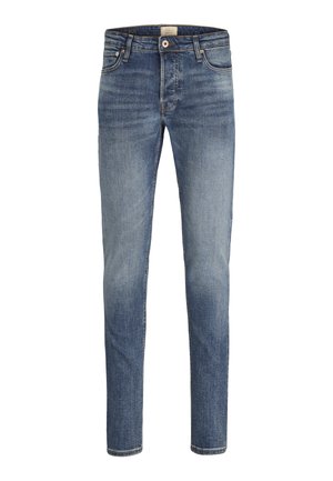 Jean slim fit bleu en denim pour homme avec légère décoloration au niveau des cuisses et des poches avant, avec passants de ceinture et fermeture bouton.