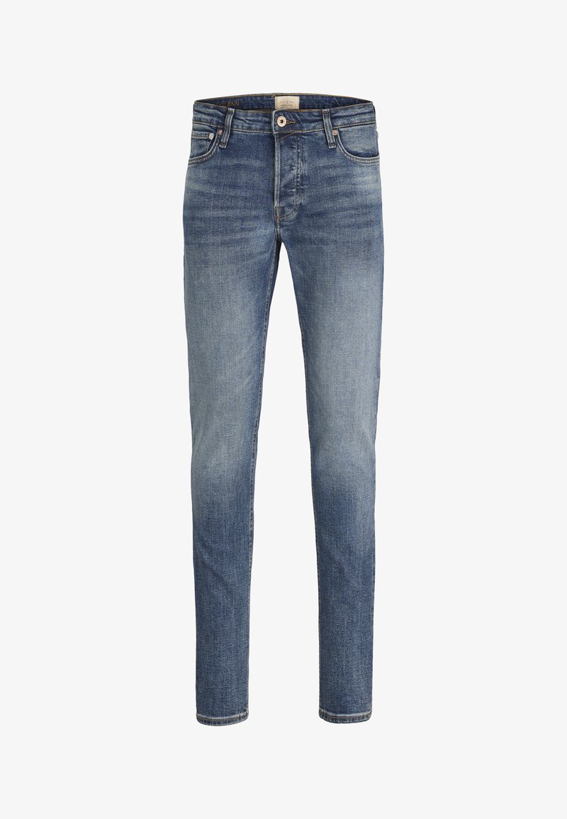 Slim fit herre blå denim jeans med let falmning på lår og forlommer, med bæltestropper og knaplukning.