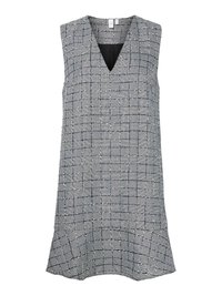 Αμάνικο γκρι φόρεμα καρό με V-λαιμόκοψη και φαρδιά τελική ραφή, με ασπρόμαυρο καρό μοτίβο και ελαφριά υφή.