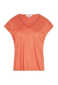 Koraalrode V-hals T-shirt met korte mouwen, gemaakt van zacht, licht glanzend stof. Kenmerkt een contrasterende nekband en een losse pasvorm.