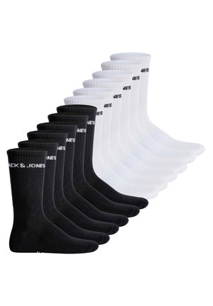 Paket mit zehn Crew-Socken in Schwarz und Weiß, mit geripptem Textur und Logo-Detail. Einfarbige Farben, Baumwollmischung für Komfort.