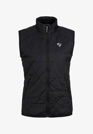 Schwarze Steppweste mit hohem Kragen, gestepptem Rautenmuster, durchgehendem Reißverschluss und zwei seitlichen Reißverschlusstaschen. Mit Logo auf der Brust.
