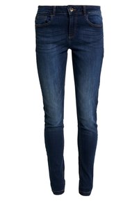 Dunkelblaue Skinny-Jeans aus Denim mit einem verwaschenen Vorderteil, fünf Taschen, Gürtelschlaufen und einem klassischen Knopfverschluss.