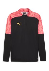 Schwarzes langärmliges Sportoberteil mit einem oberen Teil in pinkem Muster, goldenem Logo auf der Brust und einem halben Reißverschluss am Hals. Strukturierter Stoff für Atmungsaktivität.