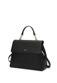 Black leather handbag with a structured design, gold hardware accents, a top handle, and a detachable shoulder strap. Features a flap closure.
