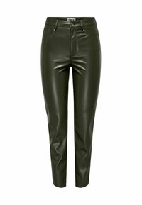 Pantaloni verdi in ecopelle con vestibilità slim, vita alta, tasche frontali e una leggera lucentezza, dotati di chiusura a bottone e passanti per cintura.