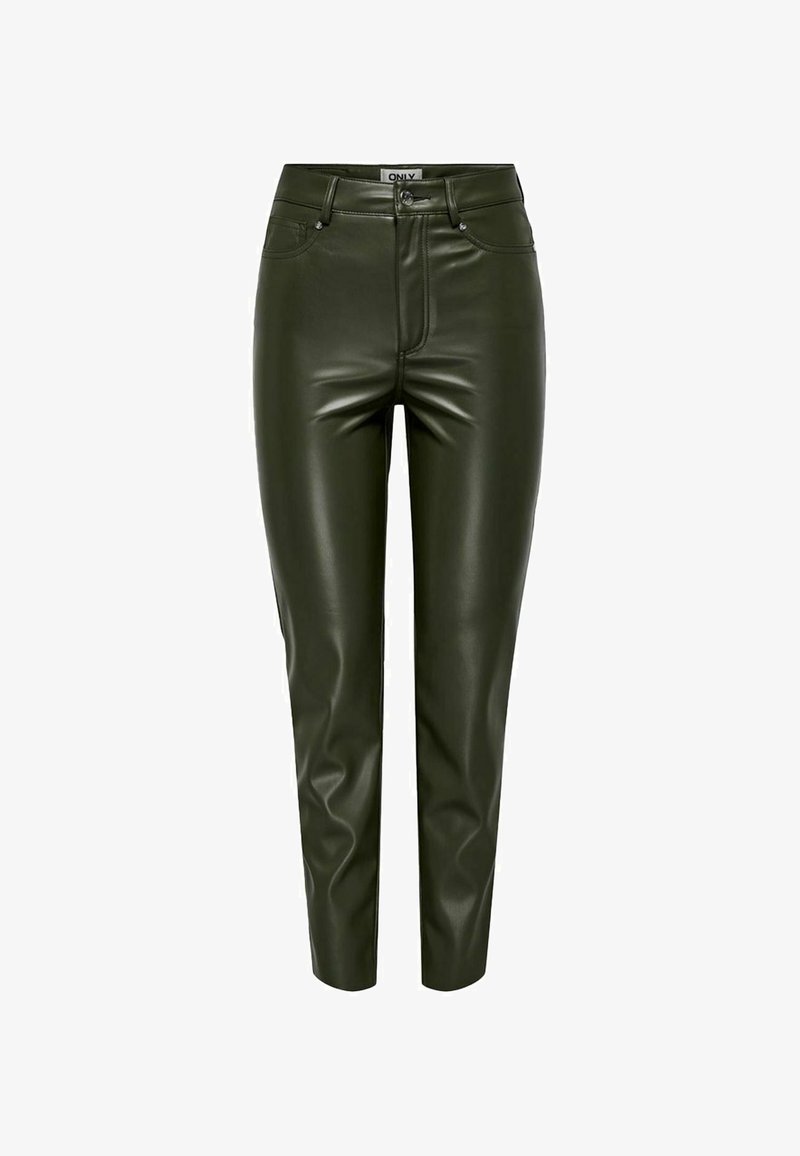 Pantaloni verdi in ecopelle con vestibilità slim, vita alta, tasche frontali e una leggera lucentezza, dotati di chiusura a bottone e passanti per cintura.