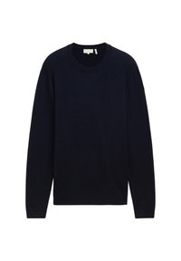 Granatowy sweter z długim rękawem, okrągłym dekoltem, dzianinową fakturą oraz ściągaczami przy mankietach i hemie. Brak widocznych wzorów lub ozdób.