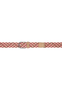 Cintura intrecciata in beige, rosa e verde con fibbia metallica. Dotata di una cinghia in pelle e di un inserto per la regolazione. Motivo texturizzato su tutta la lunghezza.