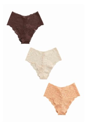 Three lace seamless women's underwear in brown, cream, and peach colors arranged vertically on a white background.