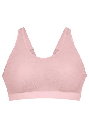 Weicher rosa kabelloser BH mit breiten Trägern und subtil floralem Spitzenmuster, für Komfort und Halt ohne Bügel entworfen.