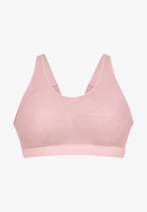 Weicher rosa kabelloser BH mit breiten Trägern und subtil floralem Spitzenmuster, für Komfort und Halt ohne Bügel entworfen.