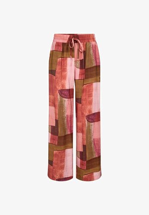 Wijde broek met elastische tailleband en trekkoord, met een abstract geometrisch patroon in tinten roze, bruin en roest.