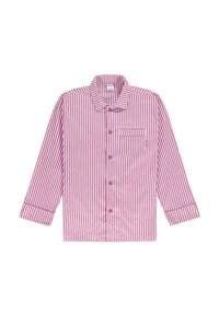 Camisa de manga larga con rayas rosas y blancas, con cuello, bolsillo delantero y cierre de botones. Tejido suave con textura lisa.