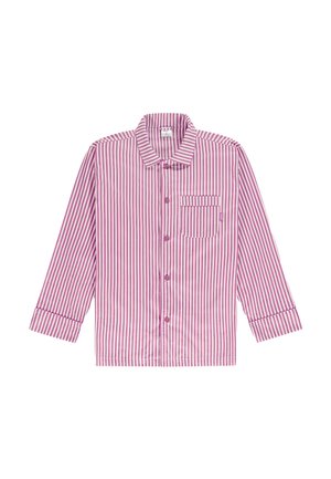 Maglietta a maniche lunghe a righe rosa e bianche con colletto, tasca frontale e chiusura con bottoni. Tessuto morbido con una texture liscia.