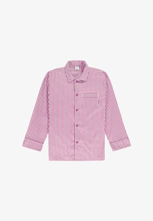Camisa de manga larga con rayas rosas y blancas, con cuello, bolsillo delantero y cierre de botones. Tejido suave con textura lisa.