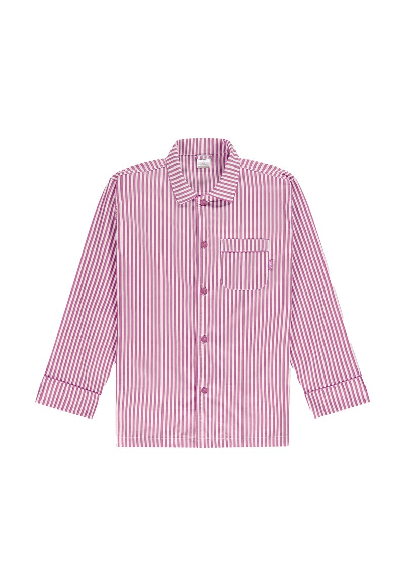 Camisa de manga larga con rayas rosas y blancas, con cuello, bolsillo delantero y cierre de botones. Tejido suave con textura lisa.