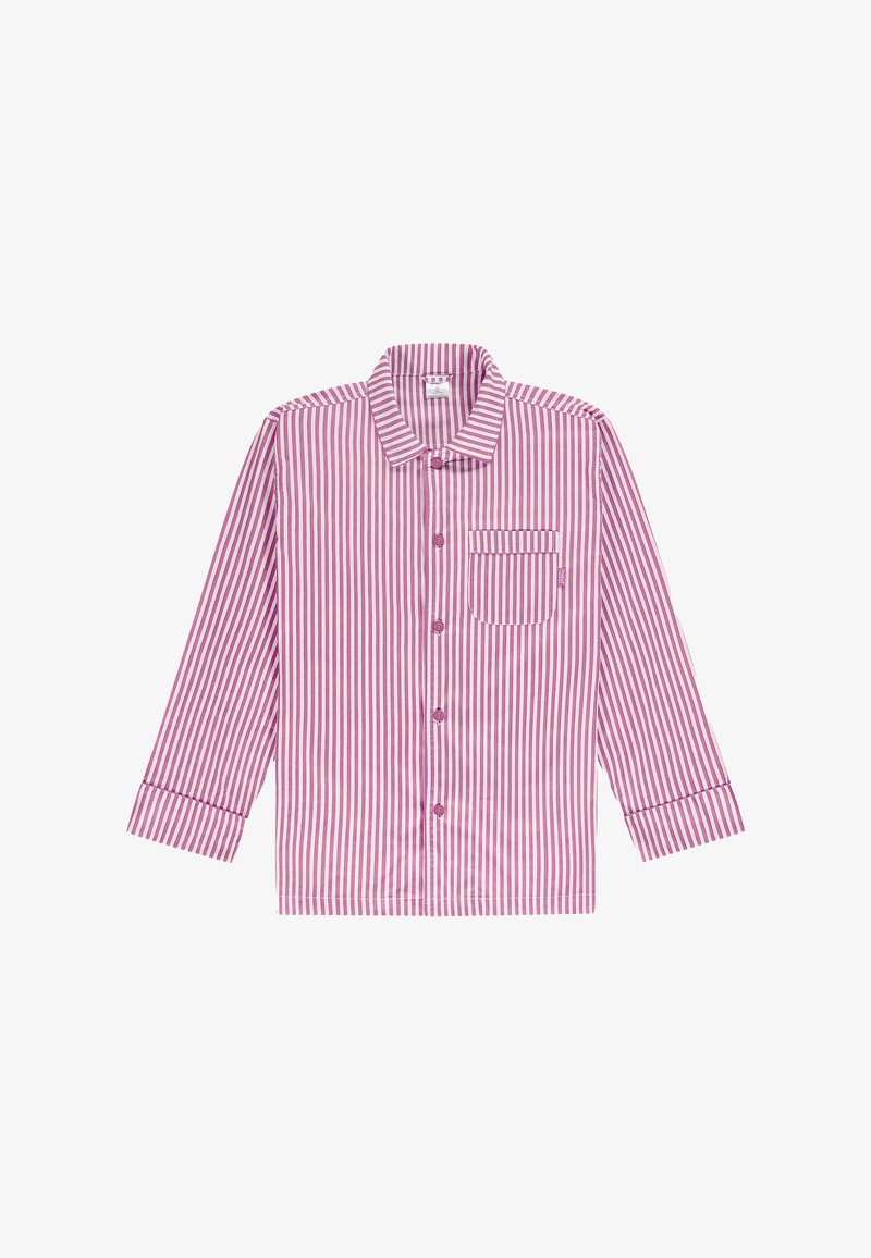 Camisa de manga larga con rayas rosas y blancas, con cuello, bolsillo delantero y cierre de botones. Tejido suave con textura lisa.