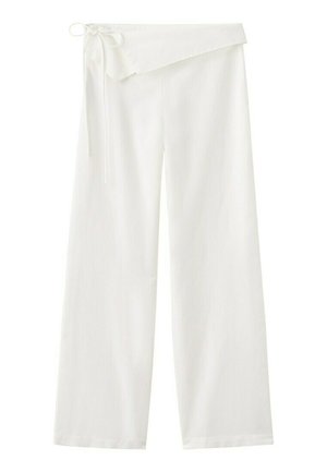 Pantalones anchos blancos con cintura alta y detalle de lazo en el lado izquierdo.