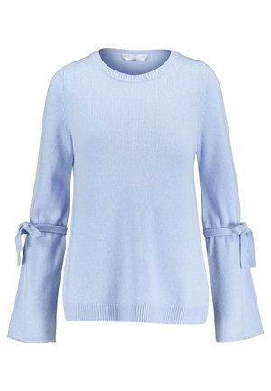 Pull bleu clair à manches longues avec col rond et manches évasées nouées avec des nœuds près des coudes.