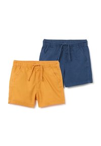 Dos pares de pantalones cortos: uno en color mostaza y otro en azul marino, ambos con una cintura ajustable con cordón y bolsillos frontales, fabricados en tela de algodón.