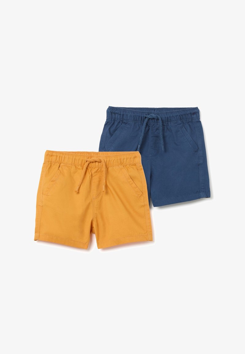 Dos pares de pantalones cortos: uno en color mostaza y otro en azul marino, ambos con una cintura ajustable con cordón y bolsillos frontales, fabricados en tela de algodón.