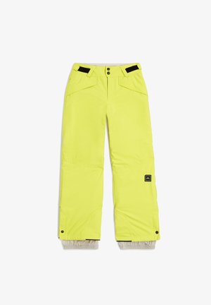 Neon yellow snow pants with a high waist, two front pockets, elastic cuffs, and a brand logo patch on the front left thigh.