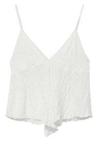 Top in tessuto bianco a plissé, con scollatura a V, spalline sottili regolabili e orlo asimmetrico, dal taglio rilassato. Nessuna chiusura o hardware visibile.