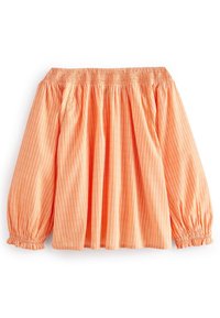 Off-the-shoulder blouse in light orange cotton with white vertical stripes. Features balloon sleeves with gathered cuffs and a relaxed fit.