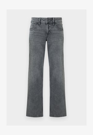 Jeans de mezclilla gris de pierna recta con botón frontal, cremallera y diseño de cinco bolsillos, exhibidos contra un fondo blanco.