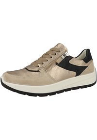 Baskets en cuir beige avec une finition texturée, accents noirs, design à lacets, fermeture éclair sur le côté et semelle blanche épaisse avec un profil noir.