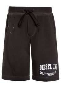 Černé bavlněné šortky s tkaničkou v pase, s bílým nápisem "DIESEL IND ONLY THE BRAVE" a jemnými skvrnami od bělidla.