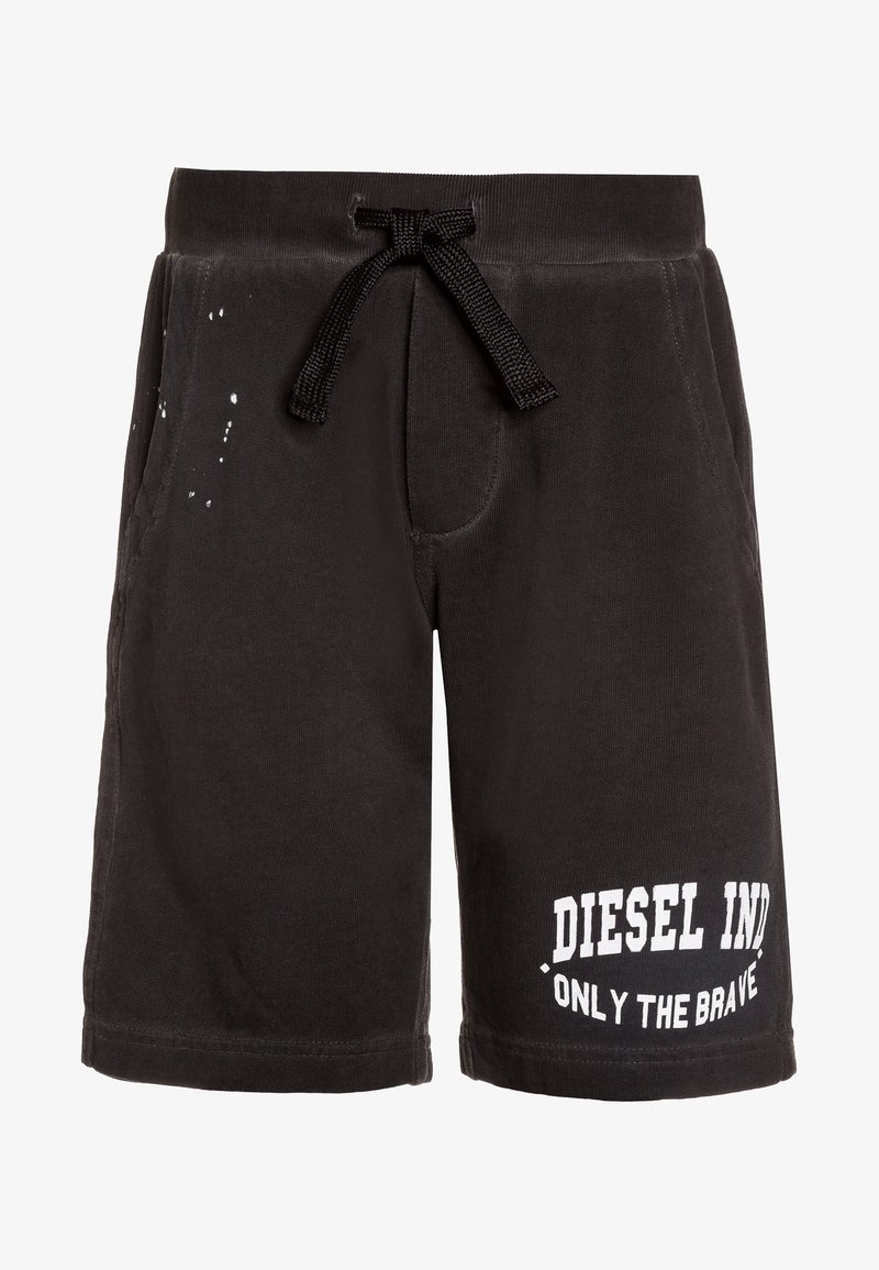 Černé bavlněné šortky s tkaničkou v pase, s bílým nápisem "DIESEL IND ONLY THE BRAVE" a jemnými skvrnami od bělidla.
