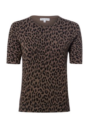 Braunes kurzärmeliges Stricktop mit schwarzem Leopardenmuster, rundem Ausschnitt und figurbetonter Silhouette.
