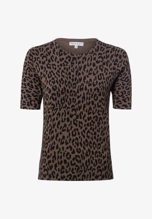 Brown short-sleeve knit top with black leopard print pattern, round neckline, and fitted silhouette.