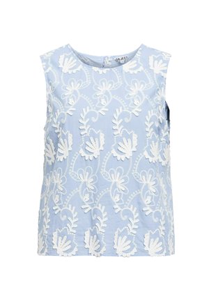 Haut sans manches bleu clair avec broderie florale blanche, encolure ronde et coupe légèrement ample. Tissu en coton lisse avec un design texturé.
