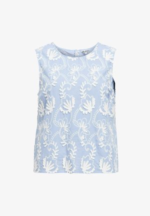 Haut sans manches bleu clair avec broderie florale blanche, encolure ronde et coupe légèrement ample. Tissu en coton lisse avec un design texturé.