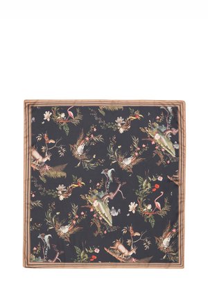 Floral-patterned silk scarf featuring various animals and plants in vibrant colors on a dark background, bordered with a beige trim.