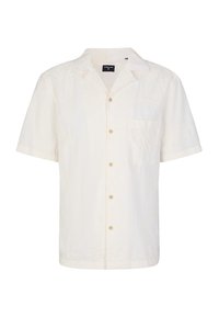 Korte mouw knoopshirt in lichtcrème met een getextureerd bloemenpatroon, een voorzak en beige knopen.