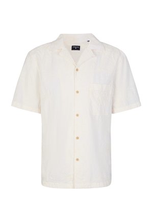 Koszula z krótkim rękawem zapinana na guziki w jasnym kremowym kolorze z teksturowanym wzorem kwiatowym, z kieszonką z przodu i beżowymi guzikami.