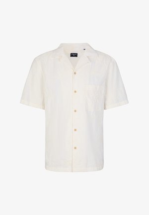 Korte mouw knoopshirt in lichtcrème met een getextureerd bloemenpatroon, een voorzak en beige knopen.