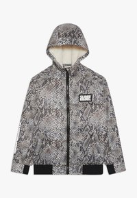 Hooded zip-up jacket with a snakeskin pattern in gray and black. Soft interior lining, elastic cuffs, and branded patch on the chest.
