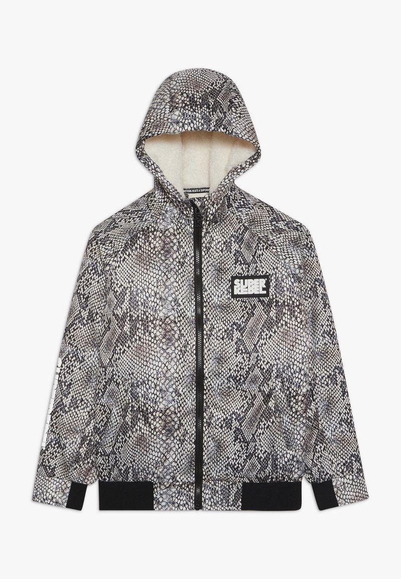 Hooded zip-up jacket with a snakeskin pattern in gray and black. Soft interior lining, elastic cuffs, and branded patch on the chest.