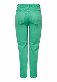 Green denim jeans with a straight leg design. Features two back pockets and a mid-rise waist. Smooth texture with a slight sheen.