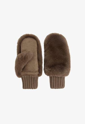 Braune Fäustlinge mit gestrickten Bündchen, einer zeigt die Handfläche mit Daumen, der andere die flauschige Rückseite.