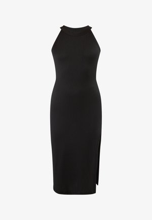 Fekete bordázott midi ruha magas dekoltázzsal, oldalsó hasítékkal és testhezálló siluettel. Rugalmas, puha anyagból készült.