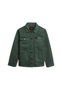 Groene katoenen jas met een kraag, sluiting met knopen aan de voorkant, twee borstzakken en twee onderzakken. Gestructureerde stof en zichtbare stiksels.