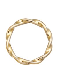 Bracciale rigido in oro intrecciato, con una superficie liscia e lucida e un design arrotondato e intrecciato. Forma circolare, privo di gemme visibili o decorazioni.